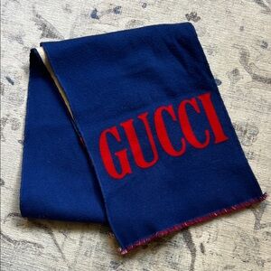 Gucci Dark Blue and Red Logo Scarf